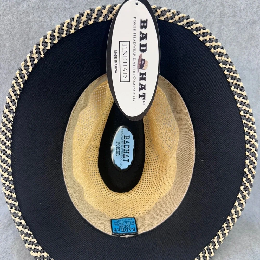 Two-Tone Patterned Mens Tan Bad Hat Poker Woven Straw Fedora Hat 24.5in OS